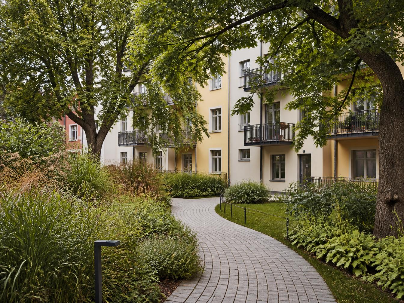 Välskött svenskt fastighetsområde med bevarade träd, varierad grönska och en stengång