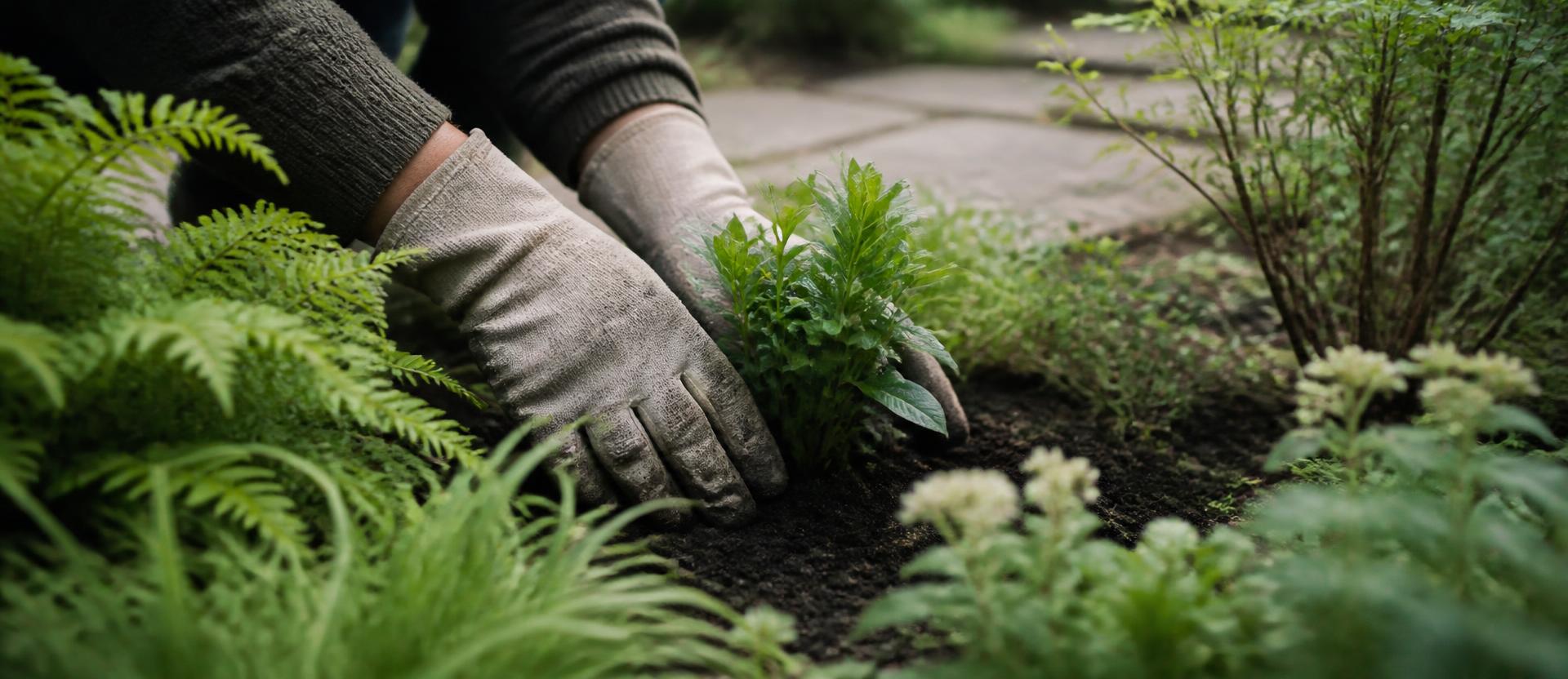 Neutrala arbetshandskar som planterar en grön växt i en välskött plantering